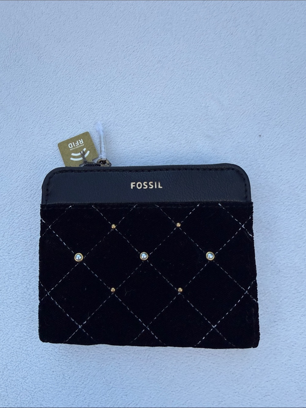 Fossil Black Quilted Zip Coin Wallet with Gold Accents